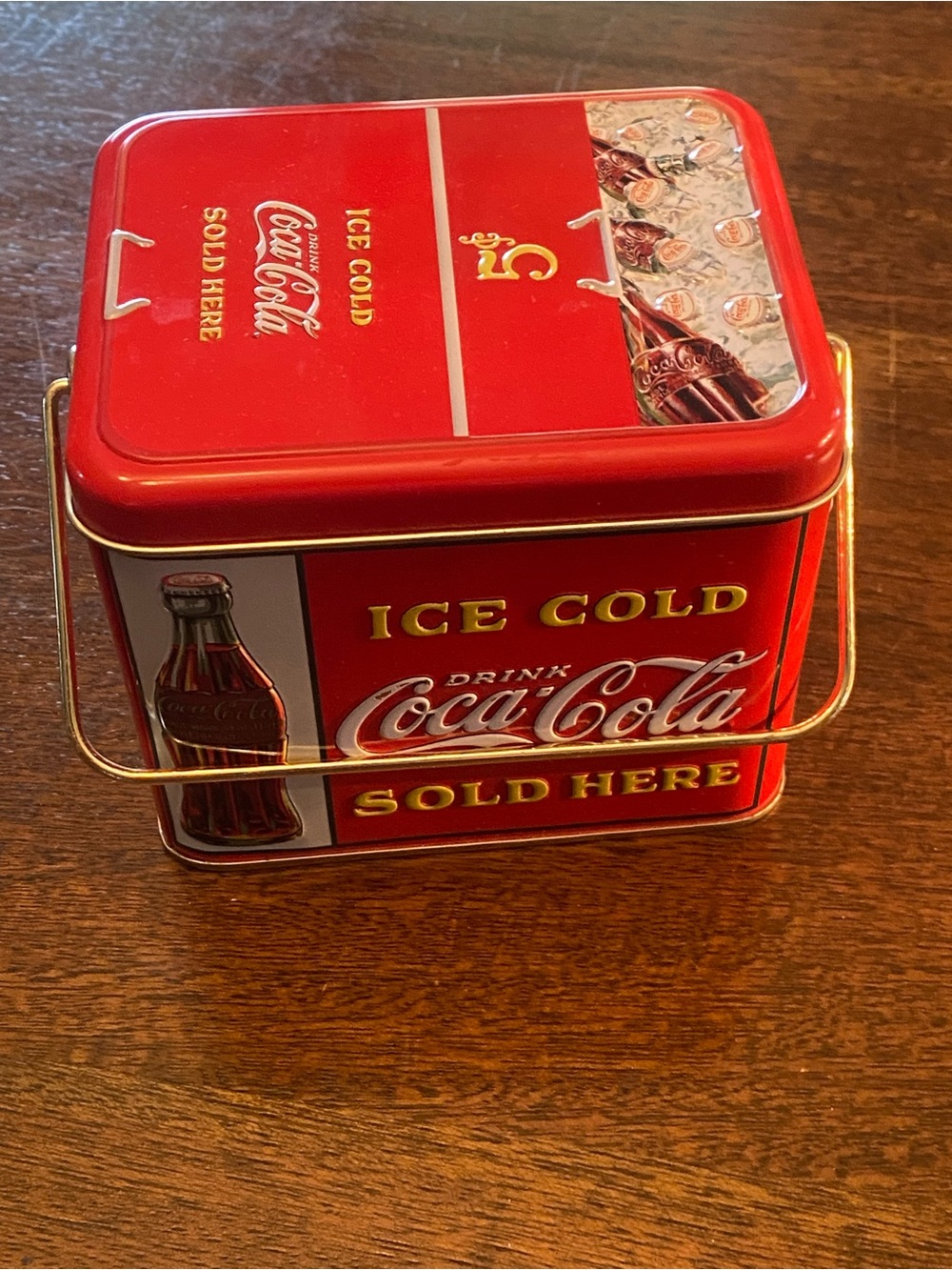 Vintage Coca-Cola Mini Cooler Tin Canister Lid Metal Handle Serve Yourself 5¢